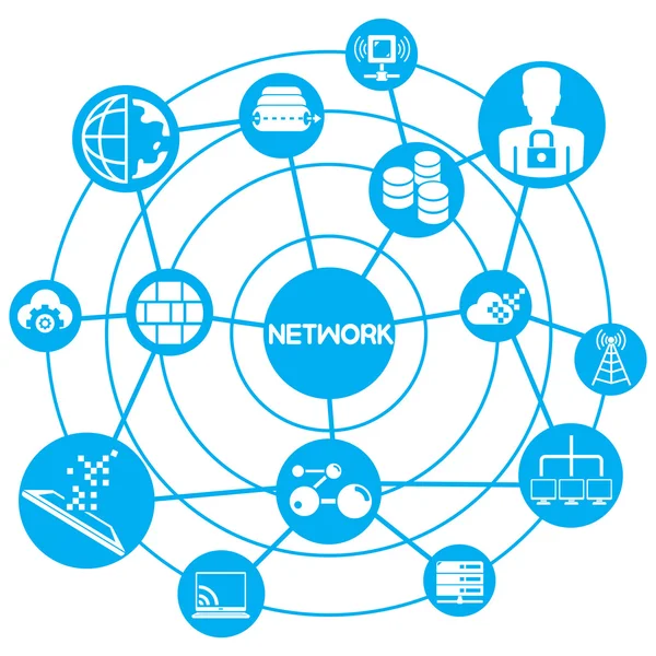 Netzwerk Und Kommunikationskonzept Infografik Netzwerk Mit Blauem Thema — Stockvektor