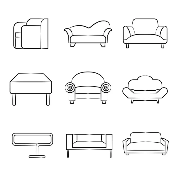 Sofá Iconos Boceto Sofá Conjunto Iconos Silla Concepto Diseño Interiores — Vector de stock