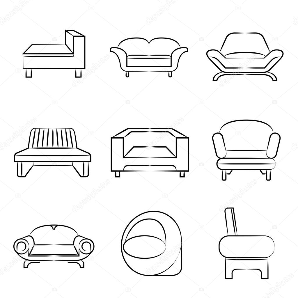 sofa icons, sketch sofa, chair icons set, interior design concept