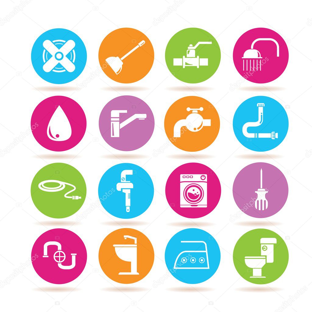  plumbing icons, colorful buttons set