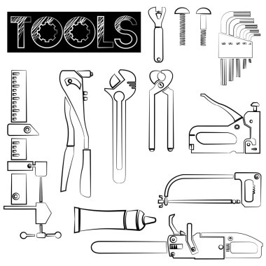 el kümesi mekanik alet ve ekipman simgeleri çizilmiş