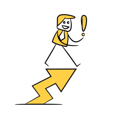 Ünlem işareti sarı çizgi temalı ok grafiği üzerinde duran işadamı