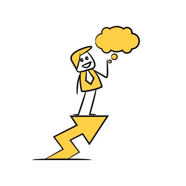 Bulut kabarcığı sarı çubuk temalı ok grafiği üzerinde duran işadamı