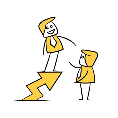 İş adamı ok grafiğinde iş arkadaşının sarı çizgi figürü temasına yardım ediyor