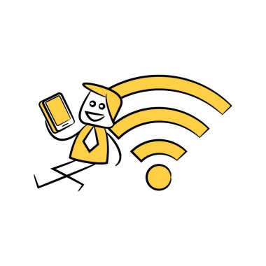 Wi-Fi ve cep telefonu sarı çizgi figür çizim temasının yanında oturan iş adamı
