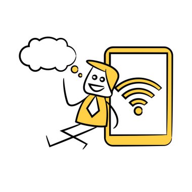 İş adamı akıllı telefon Wi-Fi sarı çöp adam temasının yanında oturuyor ve düşünüyor.