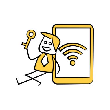 İş adamının elinde anahtar var. Akıllı telefon Wi-Fi sarı çöp adam temasının yanında duruyor.