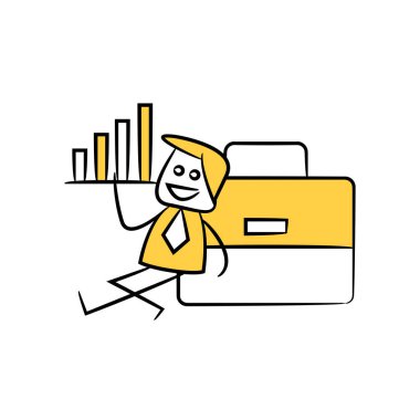 Elinde bar çizelgesi olan işadamı, evrak çantası sarı çöp adam temasının yanında oturuyor.