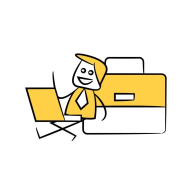 İş adamı dizüstü bilgisayar kullanıyor, evrak çantası sarı çöp adam temasının yanında oturuyor