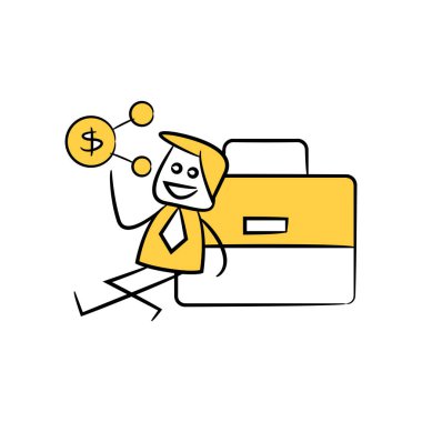 İş adamı para şebekesi tutuyor, evrak çantası sarı çöp adam temasının yanında oturuyor