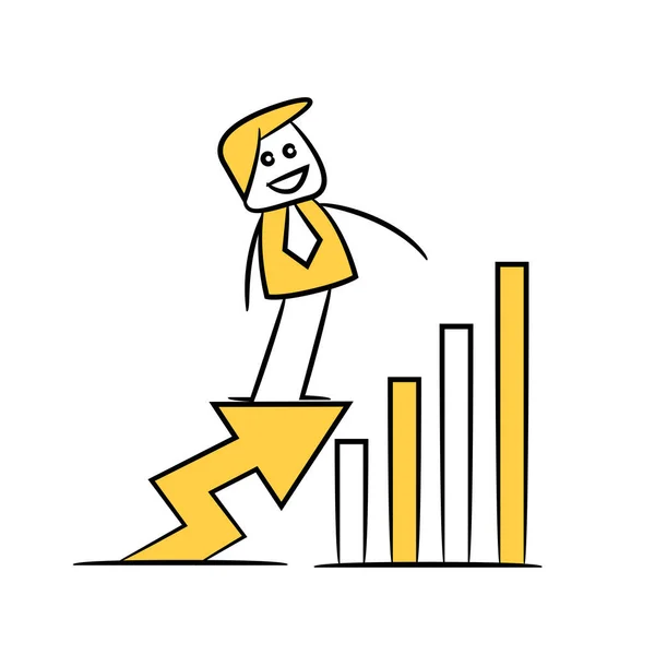 棒グラフ横の矢印チャートに立つビジネスマン黄色の棒グラフのテーマ — ストックベクタ