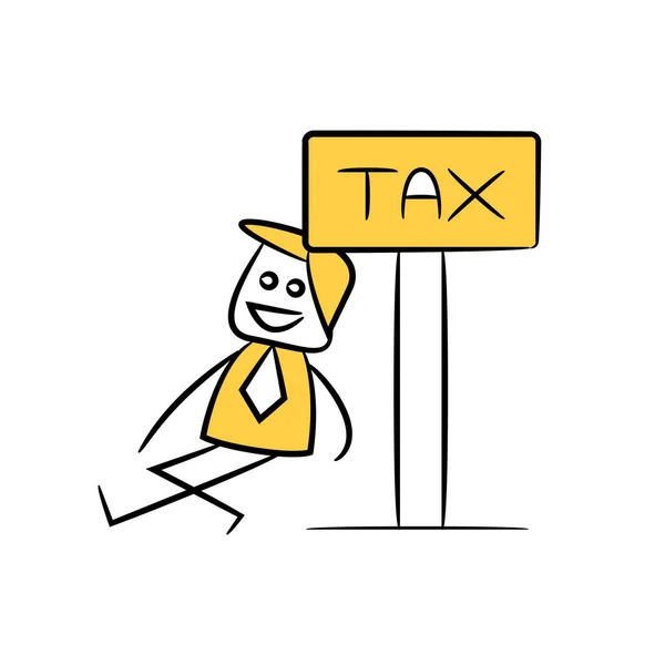 Hombre Negocios Sentado Lado Señalización Fiscal Palo Amarillo Figura Doodle — Vector de stock