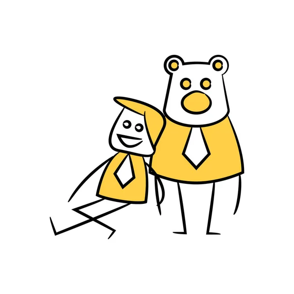 Hombre Negocios Sentado Lado Oso Amigo Amarillo Palo Figura Garabato — Vector de stock