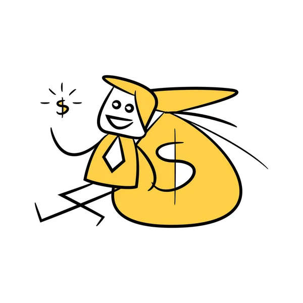 Empresário Sentado Lado Dinheiro Saco Amarelo Vara Figura Doodle Tema — Vetor de Stock