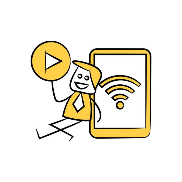 Επιχειρηματίας Κρατά Πατημένο Κουμπί Play Δίπλα Στο Smartphone Wifi Κίτρινο — Διανυσματικό Αρχείο