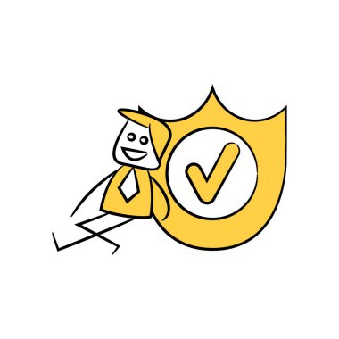 Güvenlik kalkanı sarı çöp adam temasının yanında oturan iş adamı