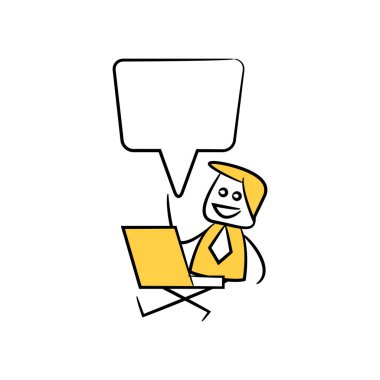 İş adamı dizüstü bilgisayarı ve konuşma balonu sarı çöp adam temasıyla oturuyor