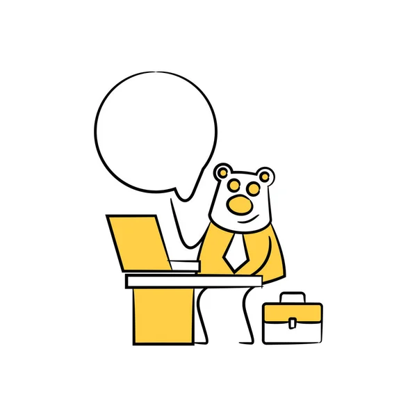Медведь Работник Бизнесмен Сидит Работает Ноутбука Речи Пузырь Желтая Фигура — стоковый вектор