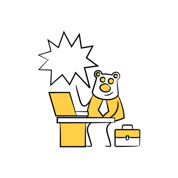 Niedźwiedź Pracownik Biznesmen Siedzi Pracuje Laptop Mowy Bańki Żółty Kij — Wektor stockowy