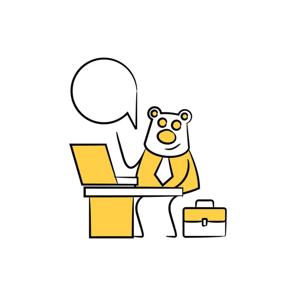 Niedźwiedź Pracownik Biznesmen Siedzi Pracuje Laptop Mowy Bańki Żółty Kij — Wektor stockowy