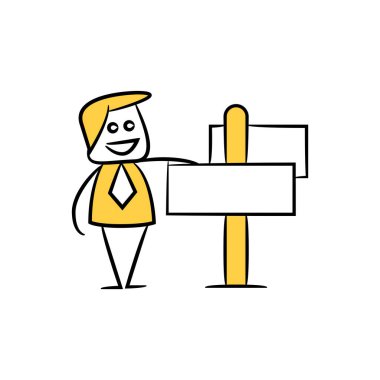 işadamı ve boş tabela veya tabela sarı çöp adam teması