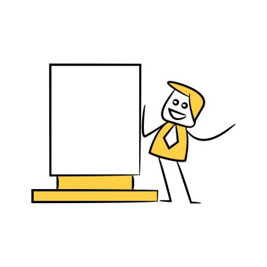 işadamı ve boş tahta, tabela veya tabela sarı çubuk figürü teması