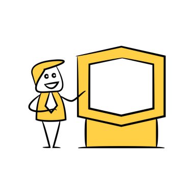 işadamı ve boş tahta, tabela veya tabela sarı çubuk figürü teması