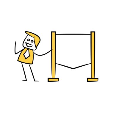 işadamı ve boş tahta, tabela veya tabela sarı çubuk figürü teması