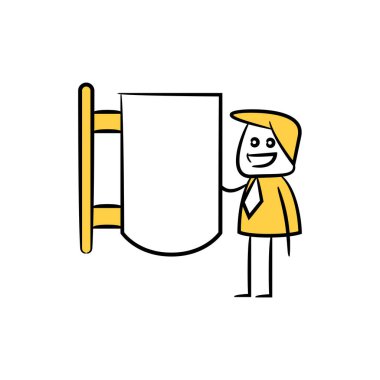 işadamı ve boş tahta, tabela veya tabela sarı çubuk figürü teması