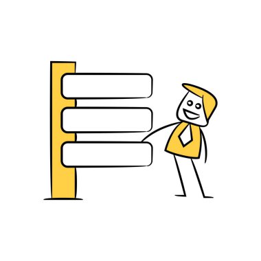 işadamı ve boş tahta, tabela veya tabela sarı çubuk figürü teması