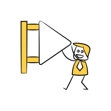 işadamı ve boş tahta, tabela veya tabela sarı çubuk figürü teması