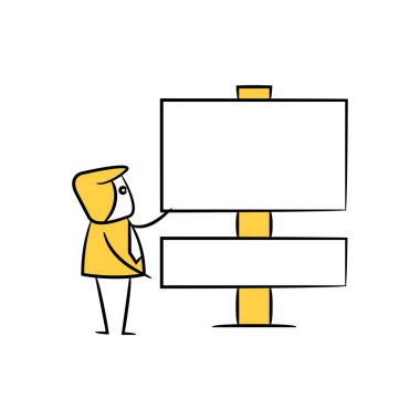 karalama işadamı ve boş tabela ya da tabela sarı çöp adam teması