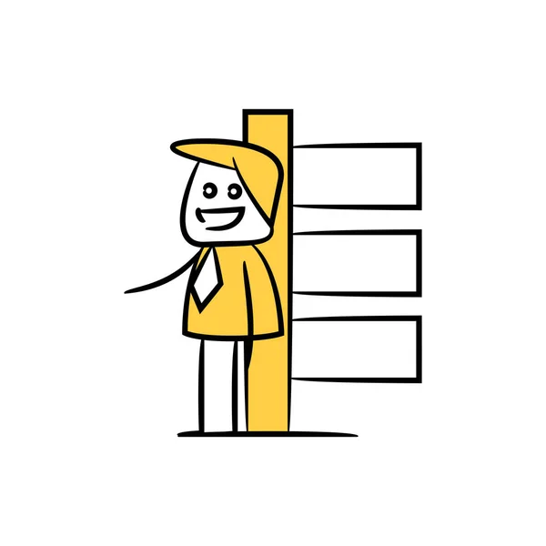 Doodle Επιχειρηματίας Και Κενό Σήμα Πινακίδα Κίτρινο Ραβδί Θέμα Φιγούρα — Διανυσματικό Αρχείο