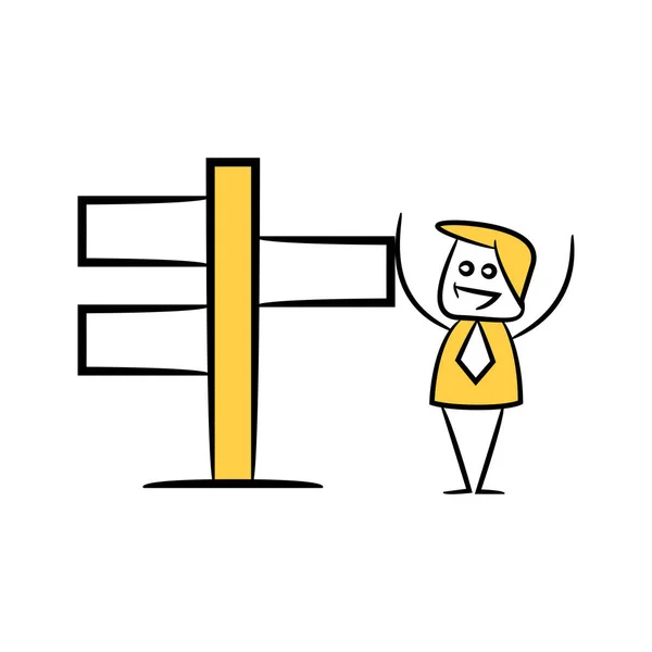 Doodle Επιχειρηματίας Και Κενό Σήμα Πινακίδα Κίτρινο Ραβδί Θέμα Φιγούρα — Διανυσματικό Αρχείο
