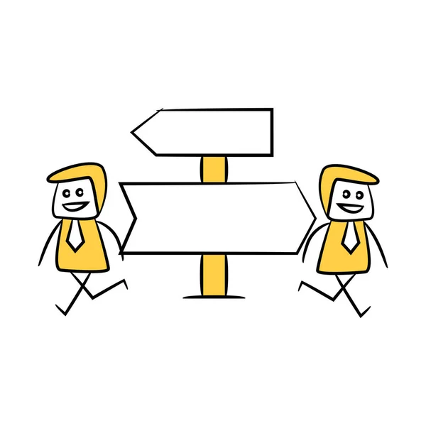 Gelbe Strichmännchen Und Wegweiser Beschilderung Oder Wegweiser — Stockvektor