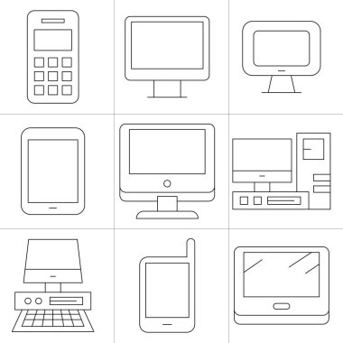 bilgisayar, cep telefonu ve akıllı telefon simgeleri ince çizgi tasarımı