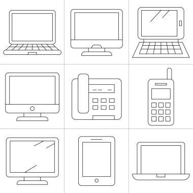 bilgisayar, cep telefonu ve akıllı telefon simgeleri ince çizgi tasarımı