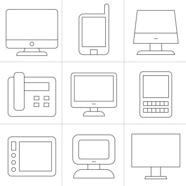 bilgisayar, cep telefonu ve akıllı telefon simgeleri ince çizgi tasarımı