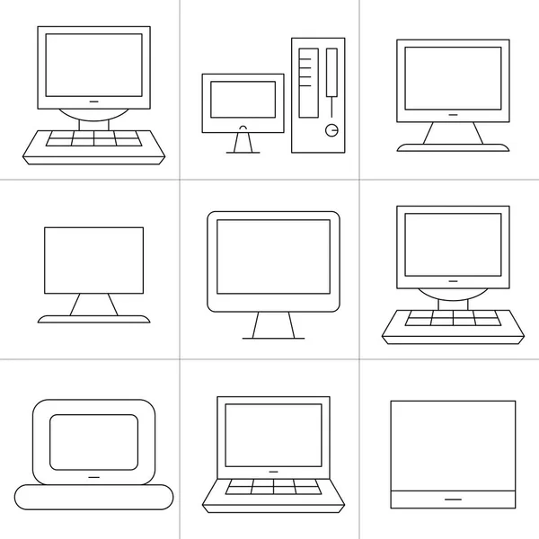 Icônes Ordinateur Téléphone Portable Smartphone Conception Ligne Mince — Image vectorielle