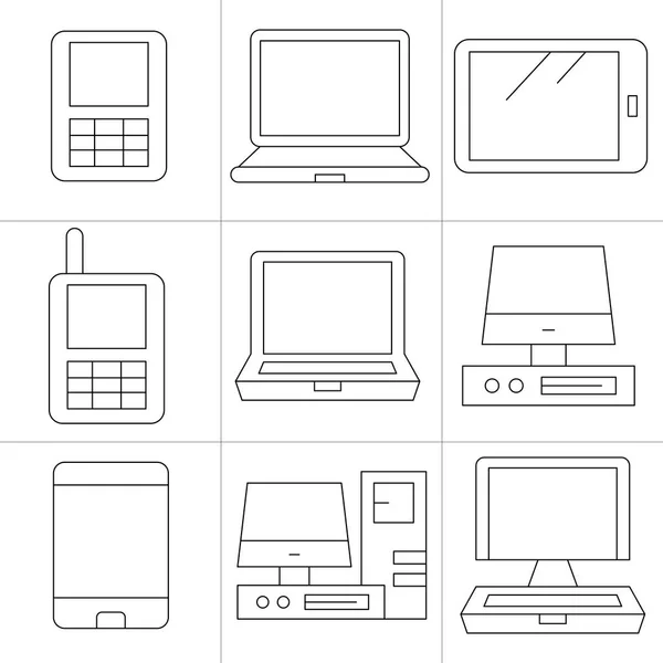 Icônes Ordinateur Téléphone Portable Smartphone Conception Ligne Mince — Image vectorielle