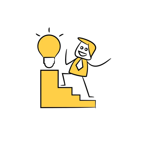 Hombre Negocios Escalera Bombilla Idea Palo Amarillo Figura — Vector de stock