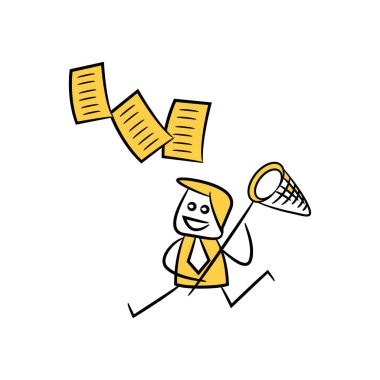 Kaşık ağı yakalama belgesi kullanan işadamı sarı çubuk figürü