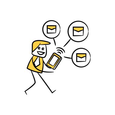 İş adamı cep telefonu gönderme ve e-posta sarı çöp figür tasarımı kullanıyor