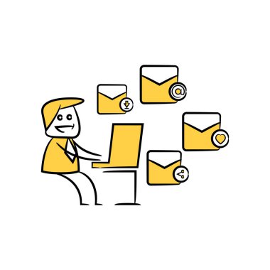 İş adamı dizüstü bilgisayarda çalışıyor. Sarı çöp adam tasarımı e- postaları gönderiyor.