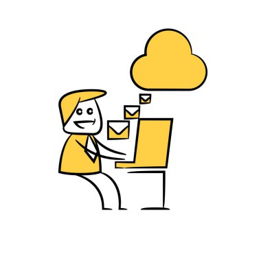 İş adamı, bulut sunucusu sarı çöp adam tasarımından e- posta alıyor