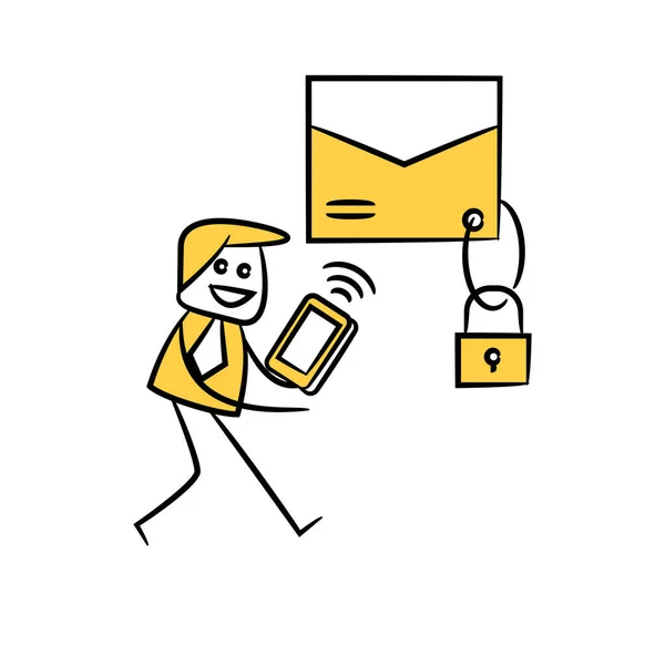 Empresário Usando Telefone Celular Criptografia Mail Amarelo Vara Figura Design — Vetor de Stock