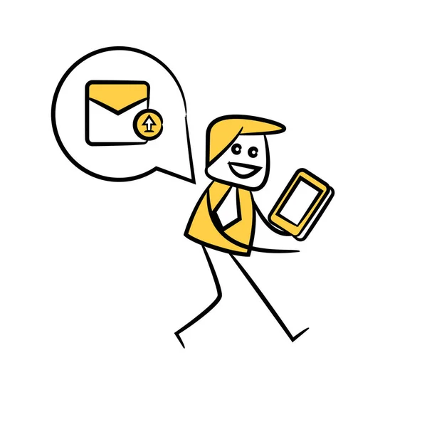 Empresário Usando Telefone Celular Envio Mail Amarelo Vara Figura Design — Vetor de Stock