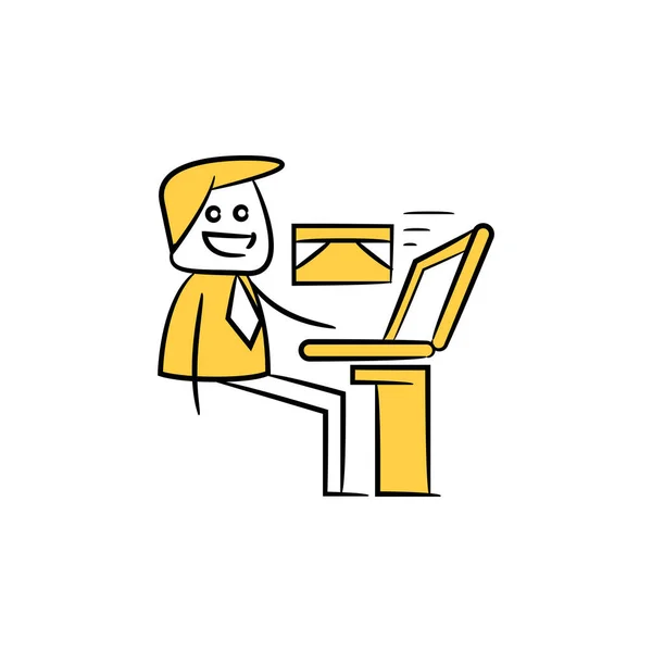 Pengusaha Menerima Email Dari Laptop Desain Tongkat Kuning - Stok Vektor