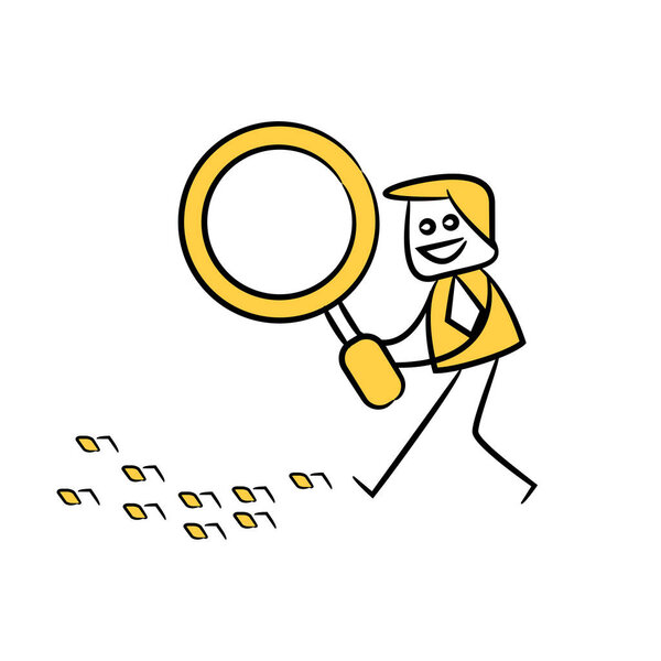 бизнесмен, использующий лупу, отслеживающий двоичные числа, фигурку с жёлтой палкой
 