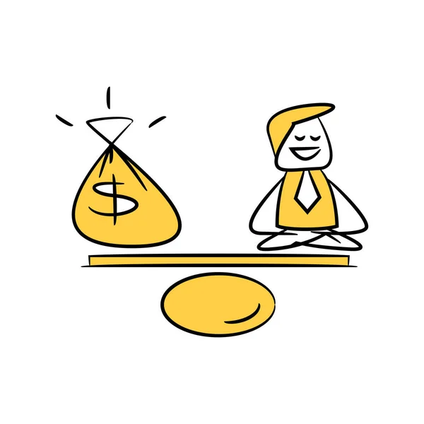 Homem Negócios Meditando Sobre Equilíbrio Com Dinheiro Saco Amarelo Vara —  Vetores de Stock